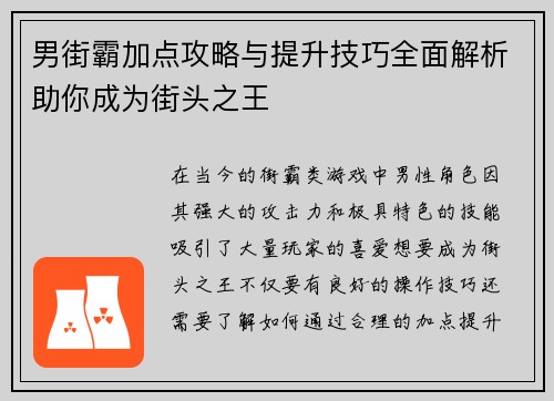 男街霸加点攻略与提升技巧全面解析助你成为街头之王